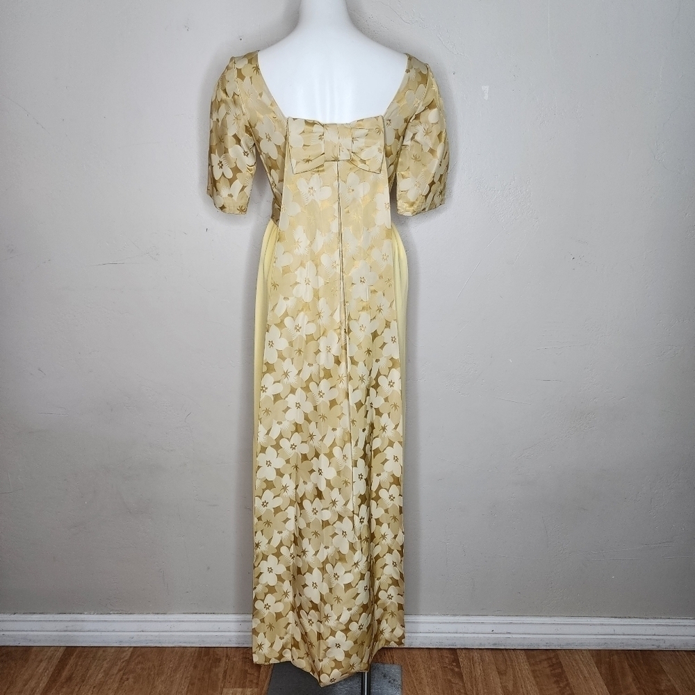 Stunning Vintage Yellow and Gold Brocade and Crepe Maxi Dress With Train - Picture 4 of 17